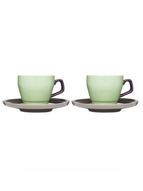 Sagaform POP Stoneware Coffee Cup and Saucer, Green Purple Brown, Set of 2
